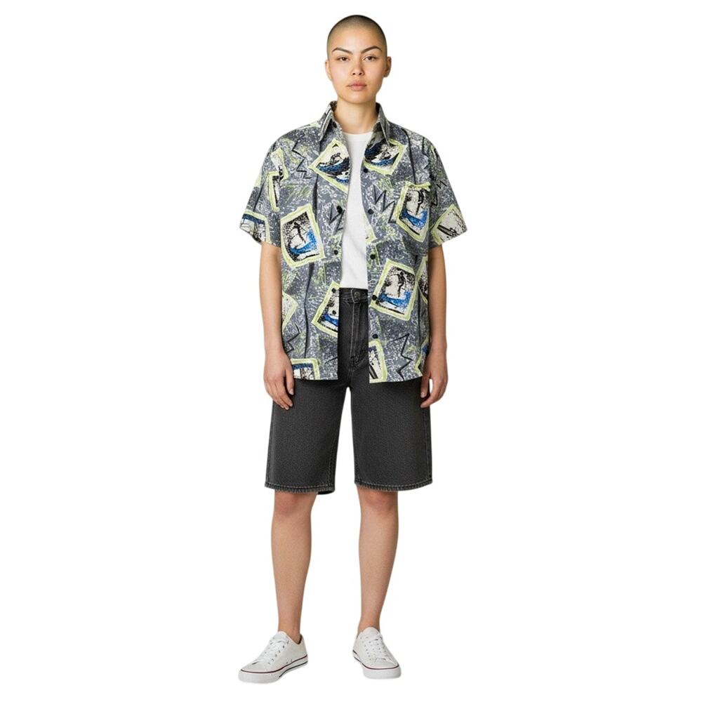 Vintage 80s Surf Print Button Up Shirt Deadstock XS Neon Wind Surf Cotton -